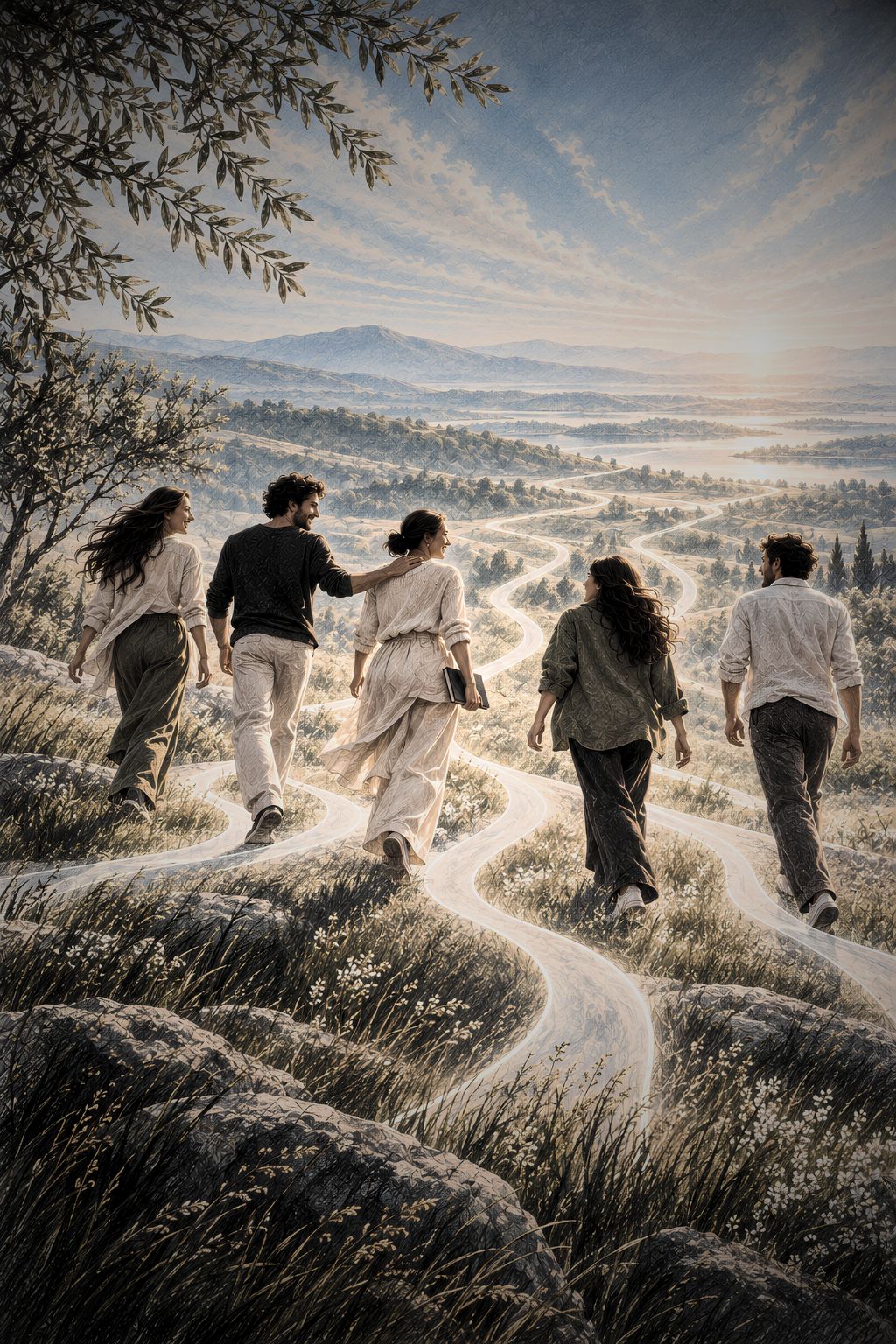 A group walking through the Tuscia landscape.