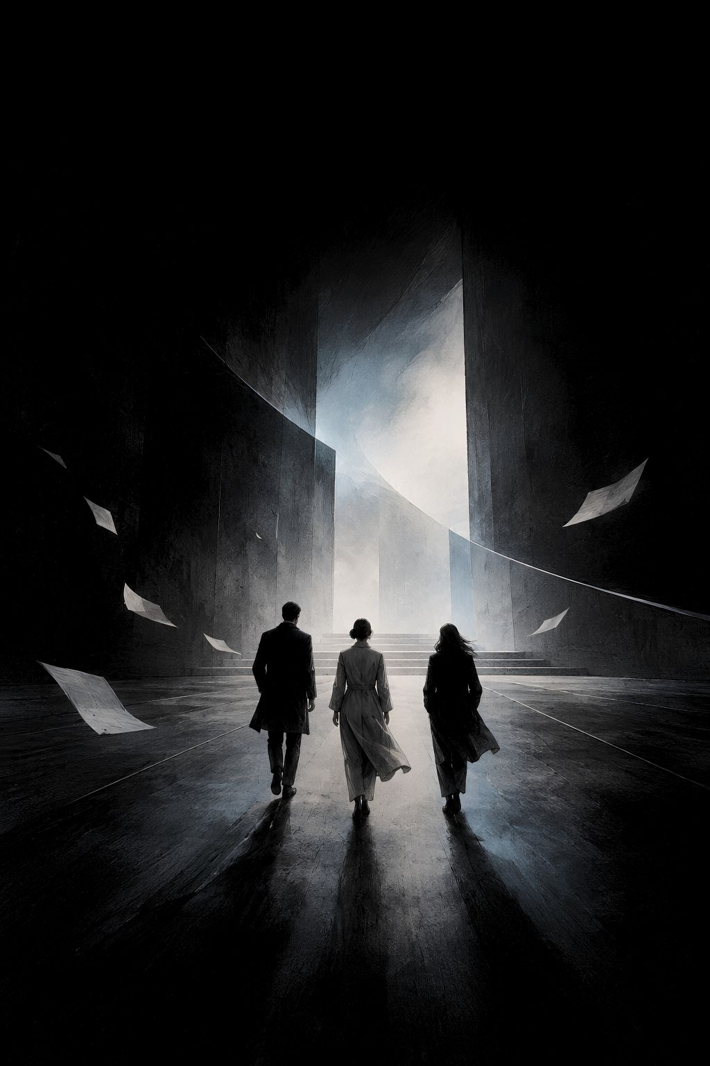 Three people walking toward a bright architectural passage.