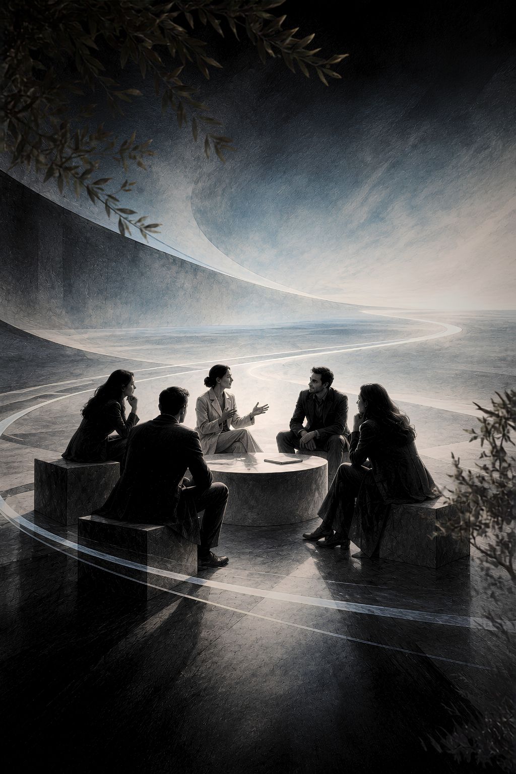 A group in conversation during a retreat.