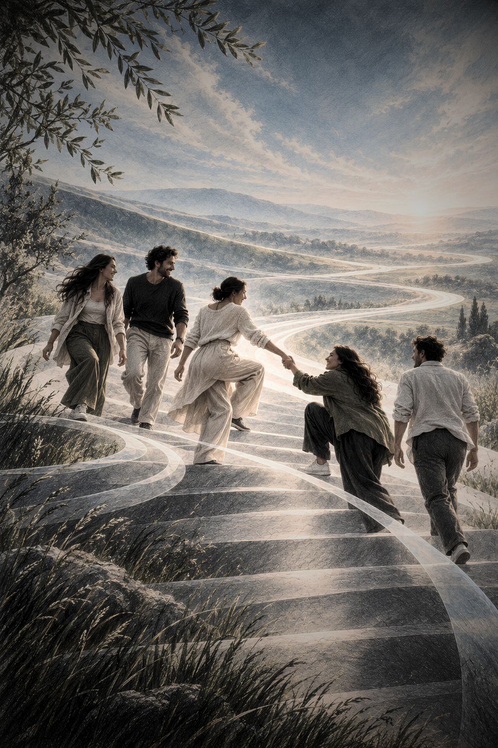 A group walking together through the Tuscia landscape.