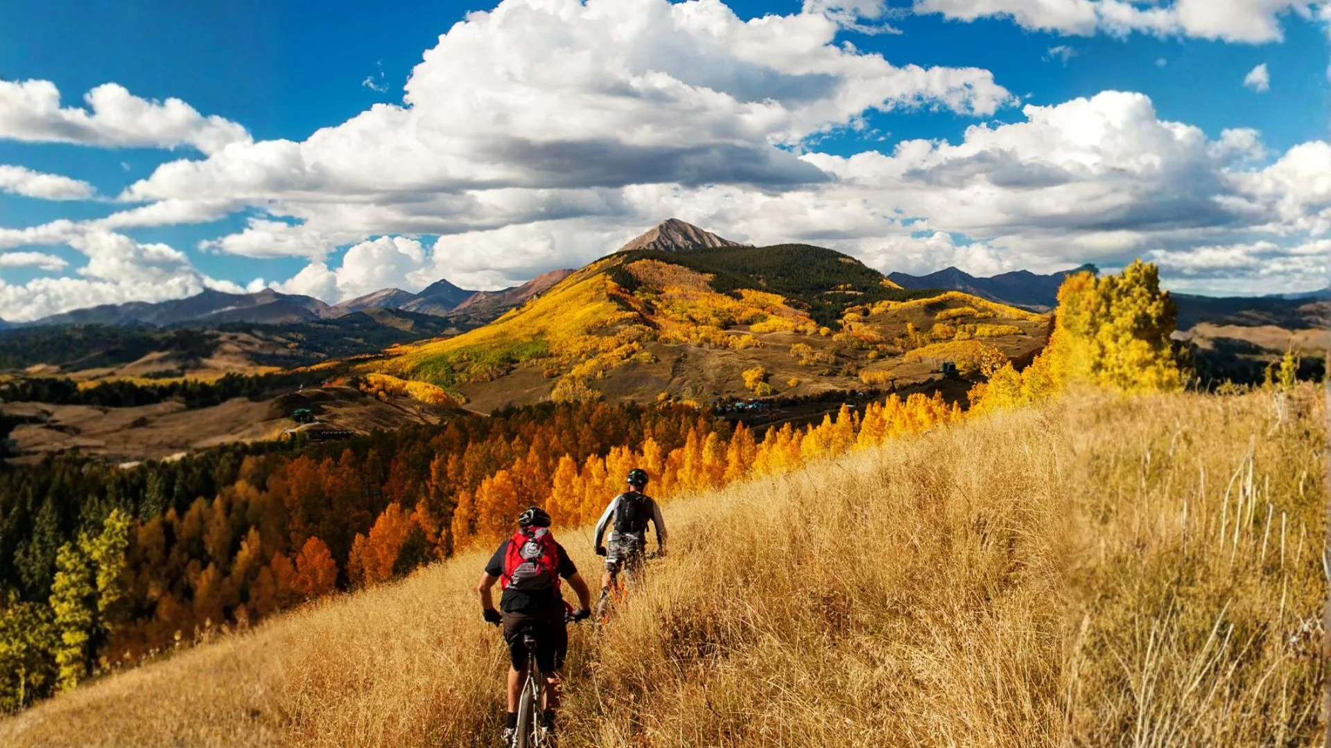 Two cyclists riding through an autumn mountain landscape.