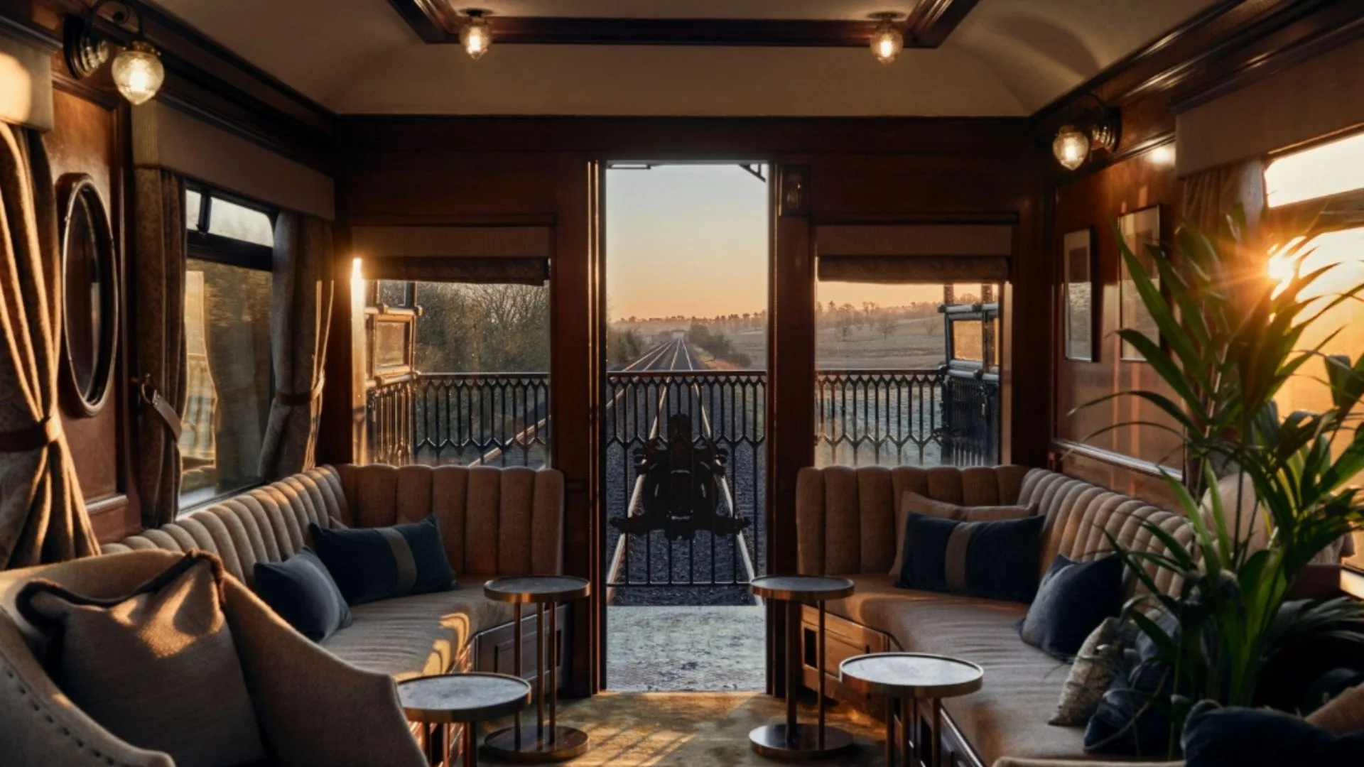 Quiet lounge in a railway carriage overlooking the tracks at sunset.