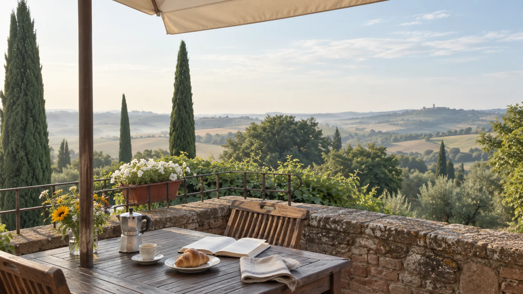 Breakfast on a terrace overlooking the Tuscia countryside