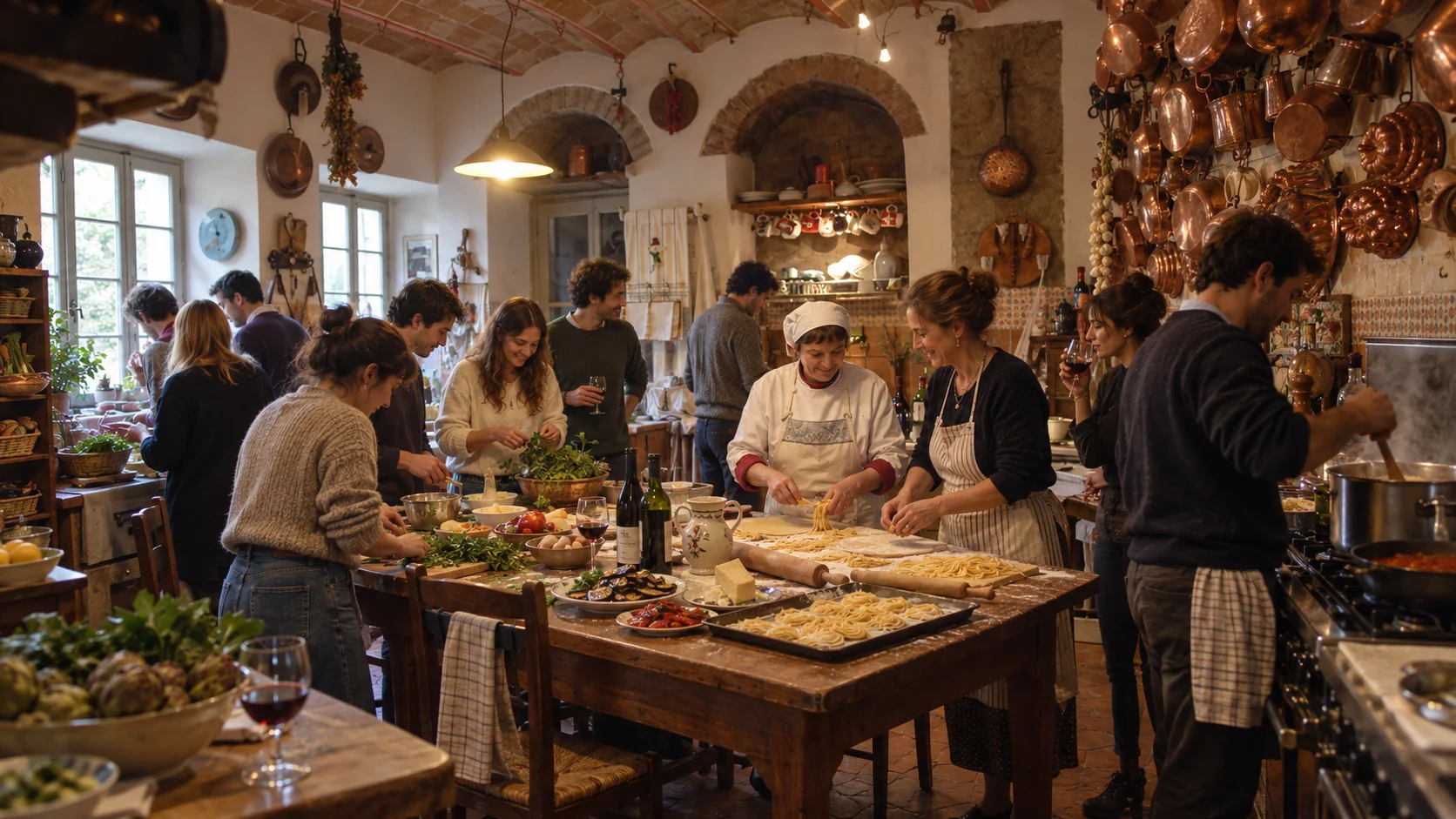Guests preparing an Italian family meal together